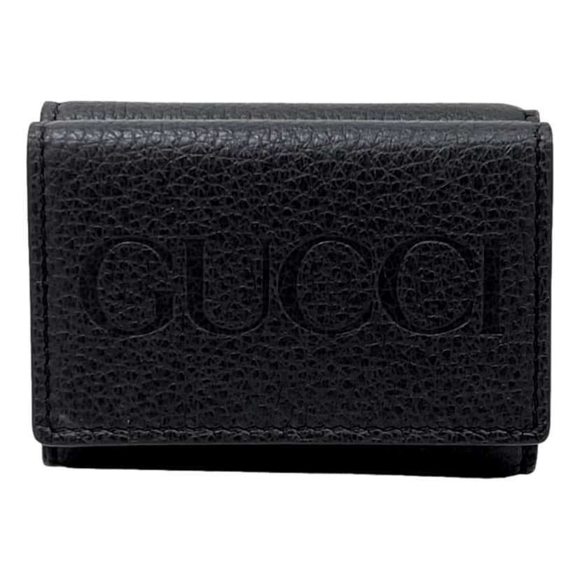 Gucci Gucci Embossed Logo Mini Tri-Fold Wallet Black Pebbled Leather Black Leather Never worn, with tag - Front View