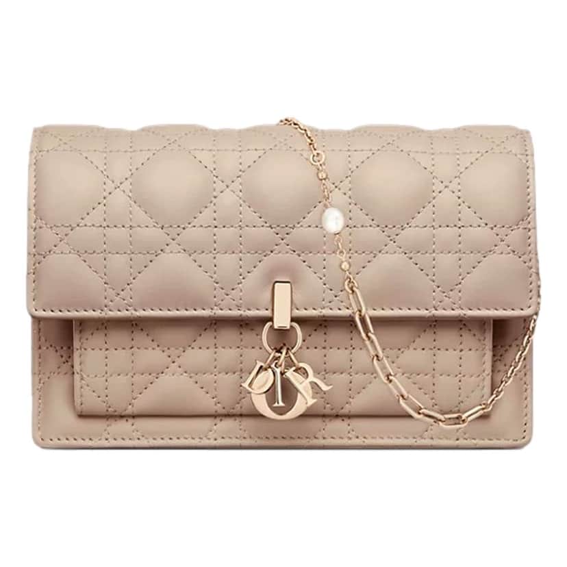Dior My Dior Daily Pouch with Chain Powder Beige Cannage Lambskin Beige Leather Very good condition - Front View