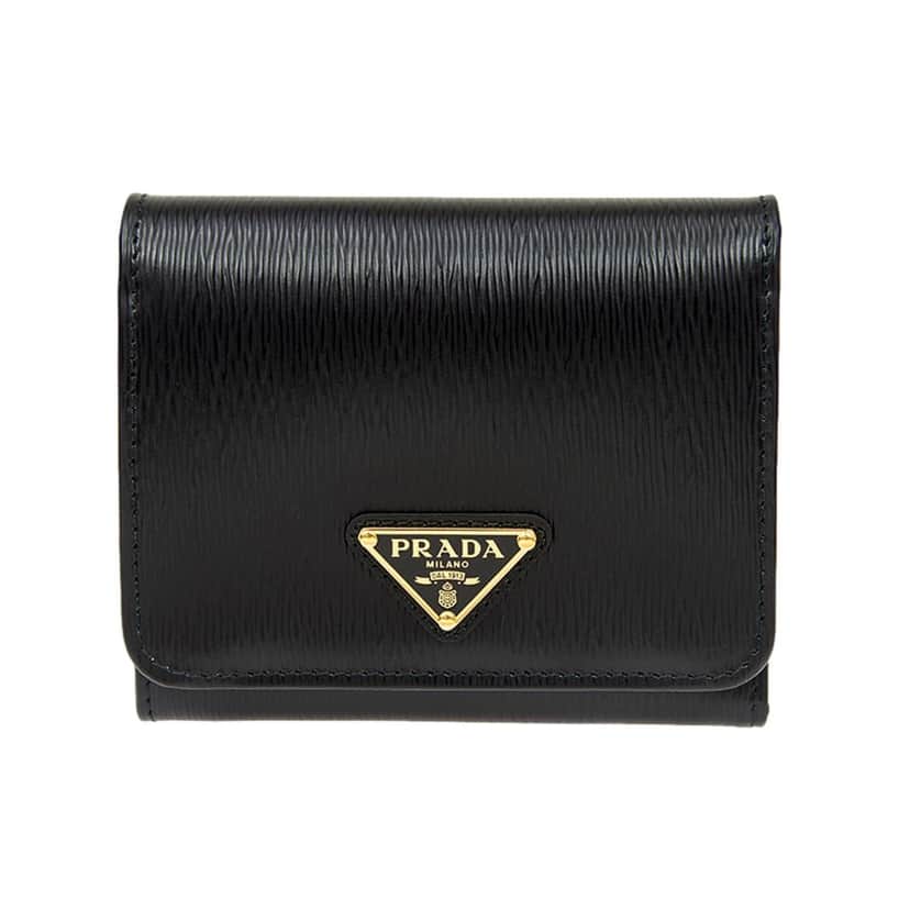 Prada Prada Vitello Move Trifold Compact Wallet Black Leather Triangle Plaque Black Leather Never worn, with tag - Front View