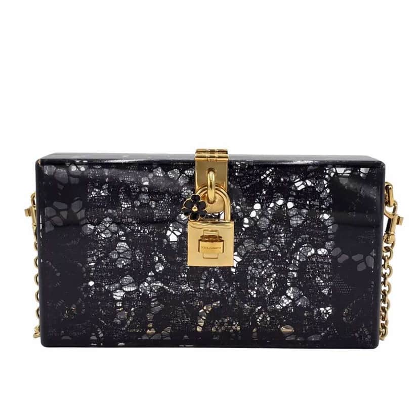 Dolce & Gabbana Black Lace Dolce Clutch Black Leather Very good condition - Front View