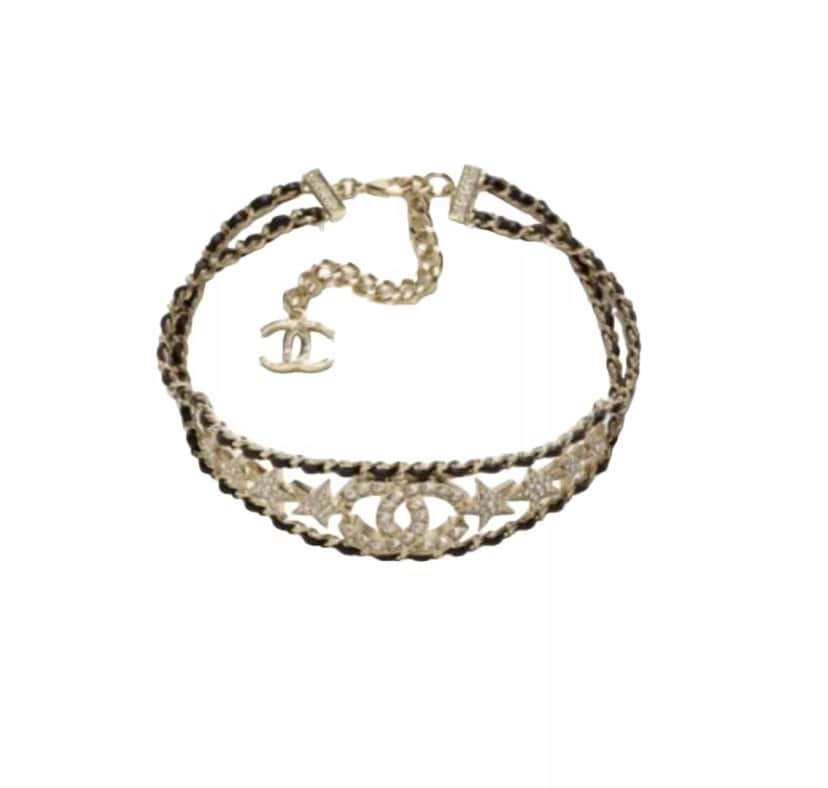 Chanel Leather & Strass Choker Gold Leather Very good condition - Front View