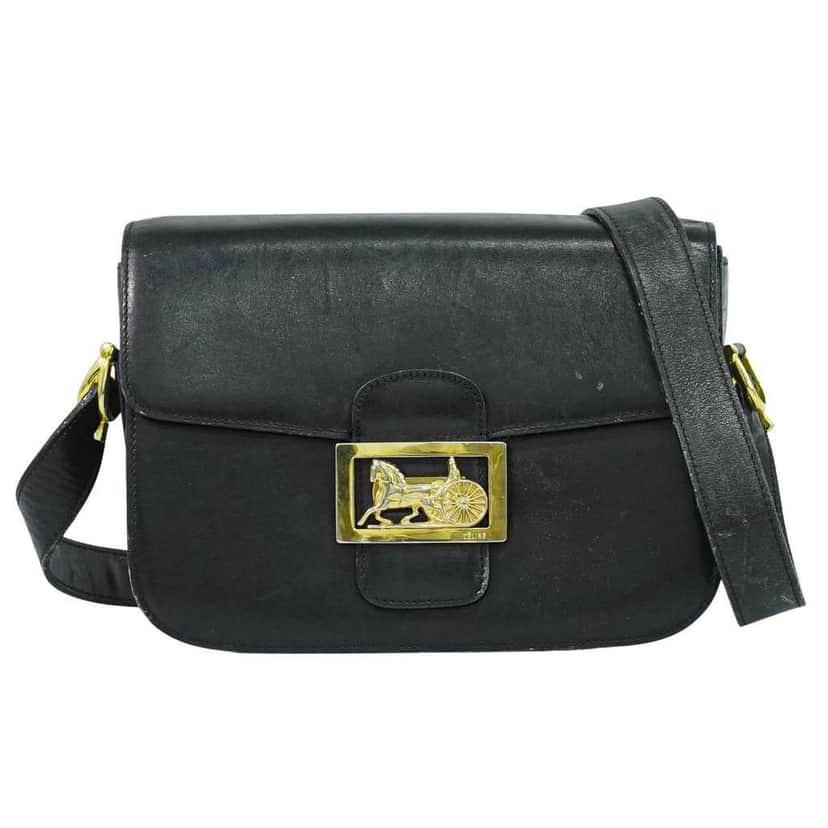 Celine Vintage Carriage Flap Bag Black Leather Fair condition - Front View