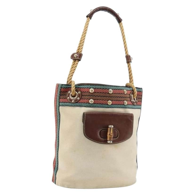 Gucci Vintage Bamboo Shoulder Bag Beige Canvas Good condition - Front View