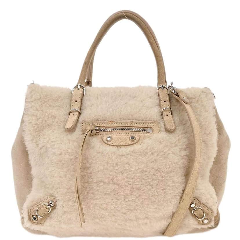 Balenciaga Papier B4 Zip Around Classic Studs Bag Beige Fur Good condition - Front View