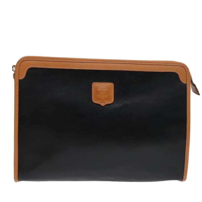 Celine Logo Triomphe Pouch Black Leather Good condition - Front View