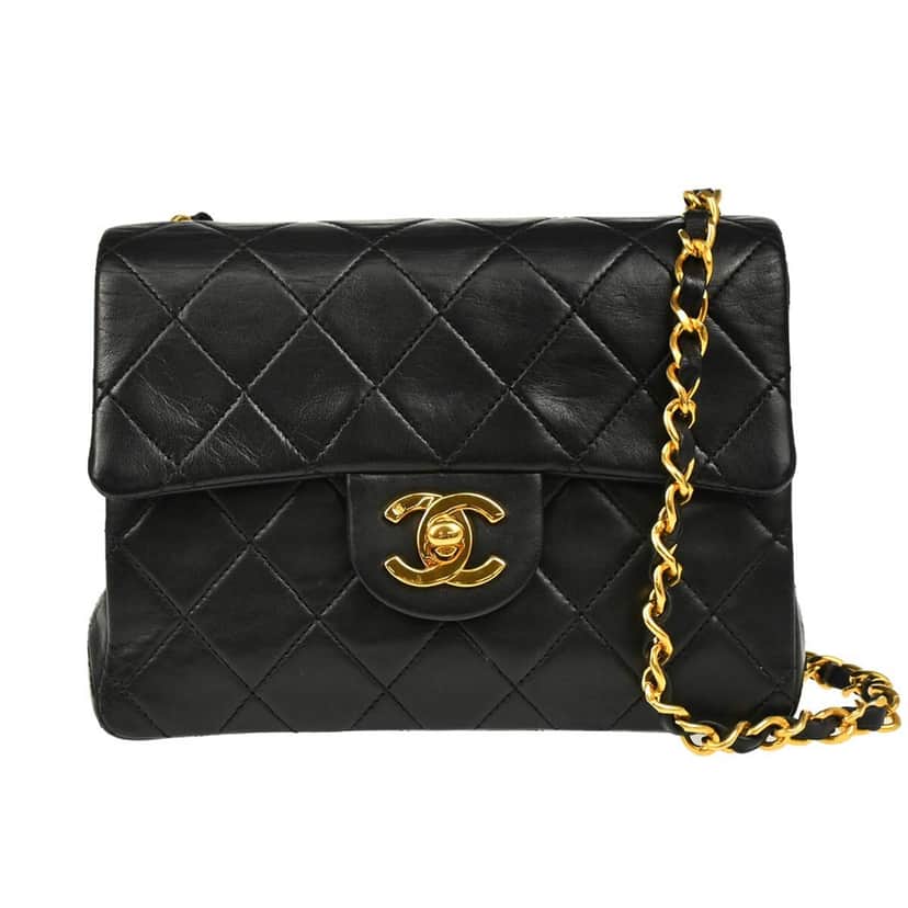 Chanel Vintage Square Classic Single Flap Bag Black Leather Good condition - Front View