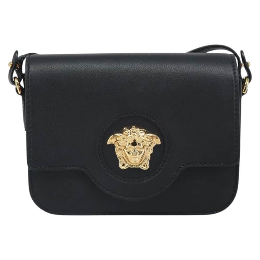 Versace La Medusa Flap Shoulder Bag Black Leather Good condition - Front View