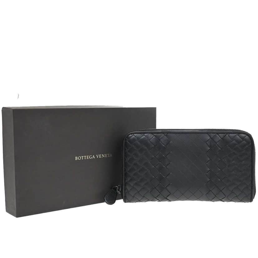 Bottega Veneta Intrecciato Long Zip  Wallet Black Leather Good condition - Front View