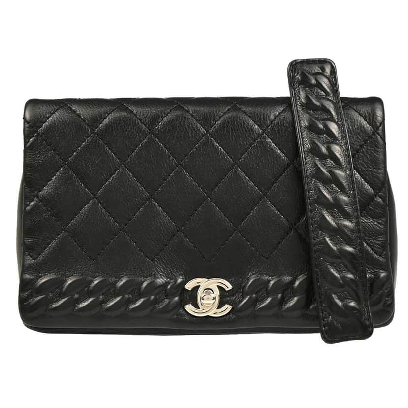 Chanel Embossed Braid CC Chain Flap Black Leather Good condition - Front View