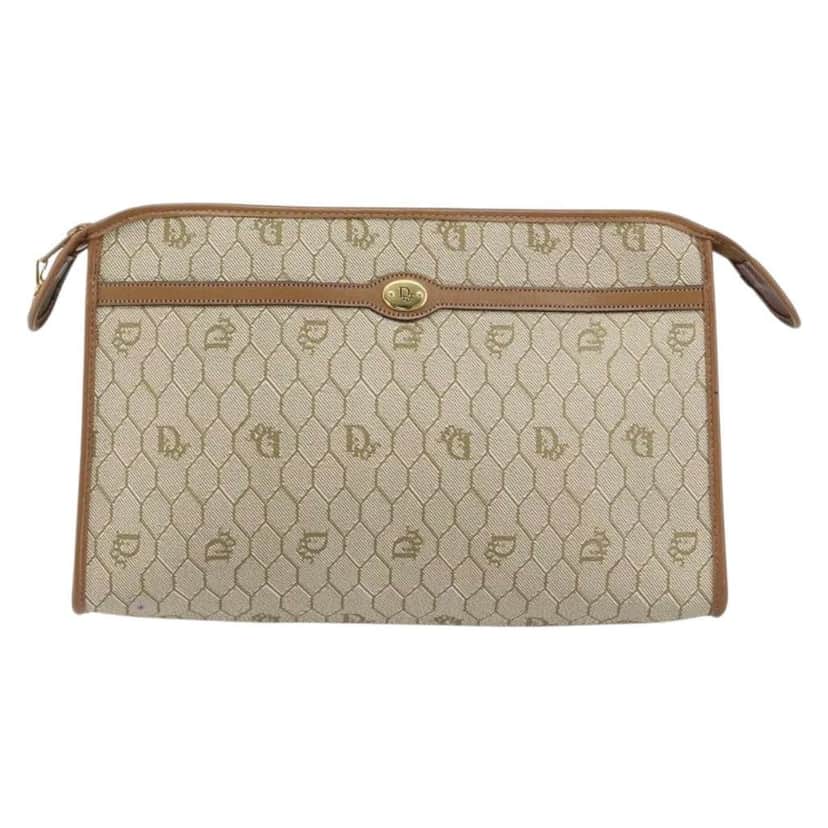 Christian Dior Vintage Honeycomb Zip Pouch Beige Canvas Good condition - Front View