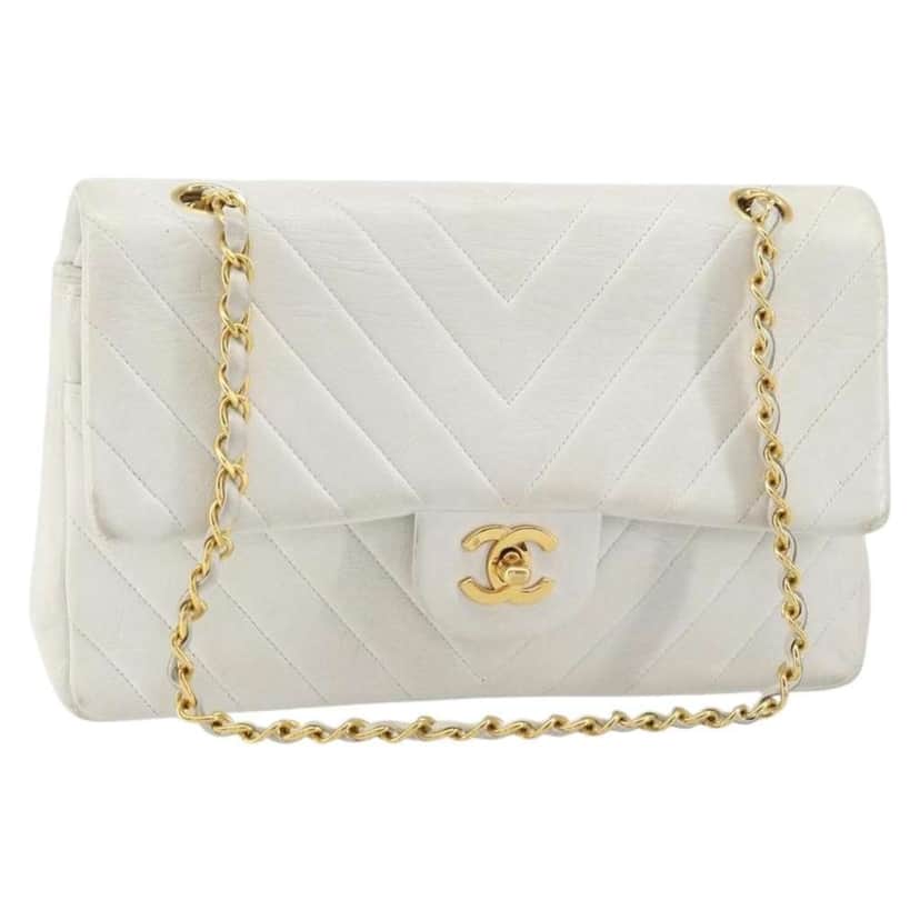Chanel Vintage Classic Double Flap Bag White Leather Fair condition - Front View