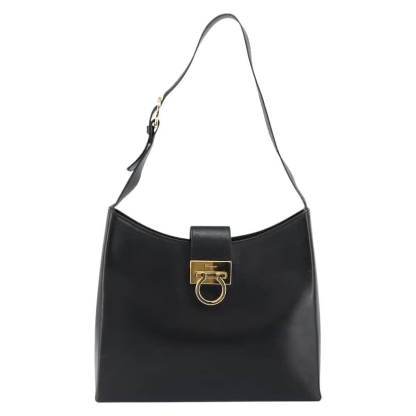 Salvatore Ferragamo Gancio Flap Hobo Black Leather Good condition - Front View