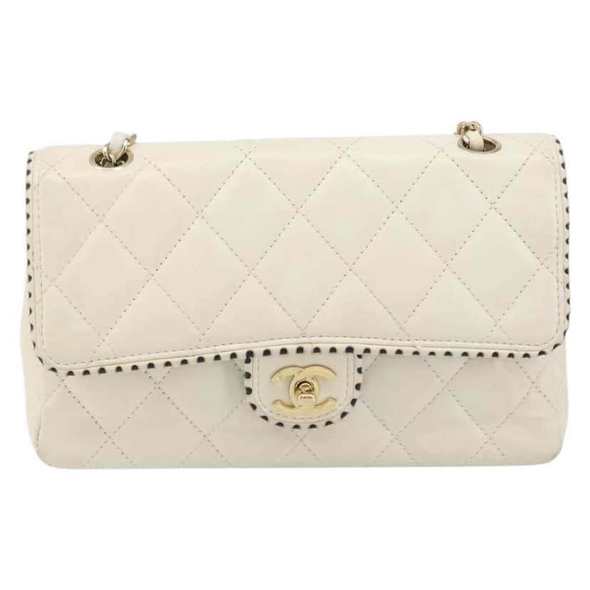 Chanel Vintage Punched Edge Classic Single Flap Bag White Leather Good condition - Front View
