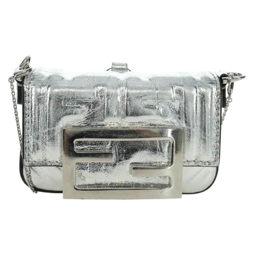 Fendi Chain Baguette Charm Bag Silver Canvas Good condition - Front View