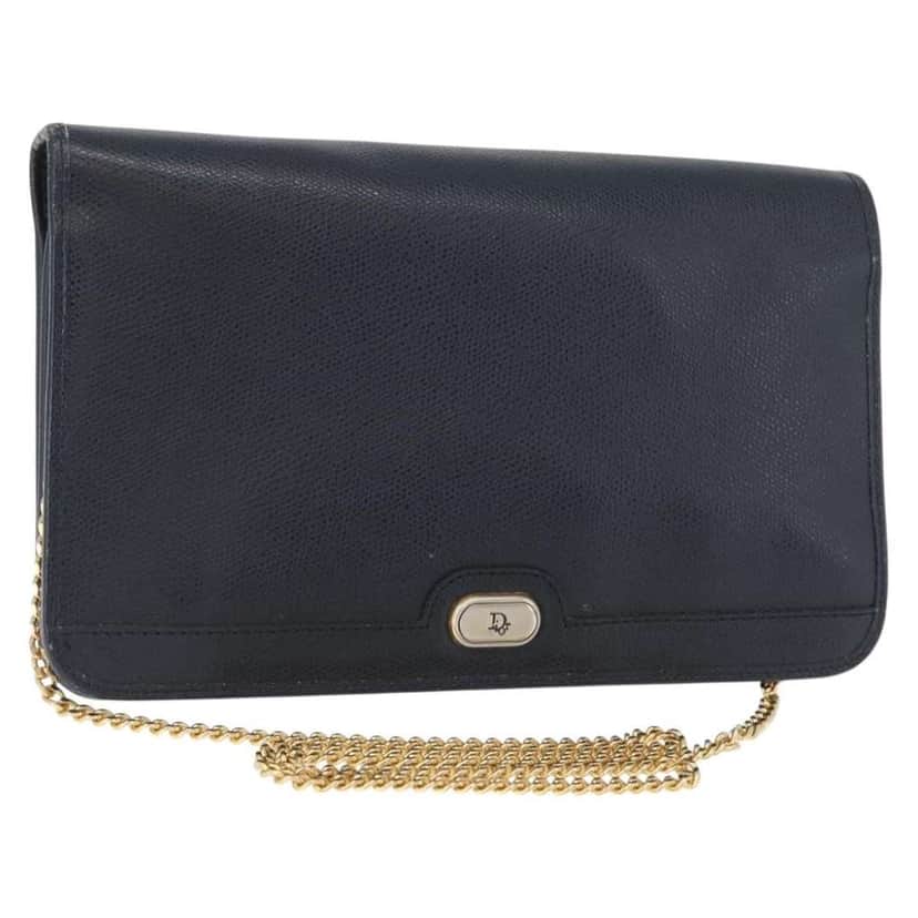 Christian Dior Vintage Chain Flap Shoulder Bag Navy Leather Good condition - Front View