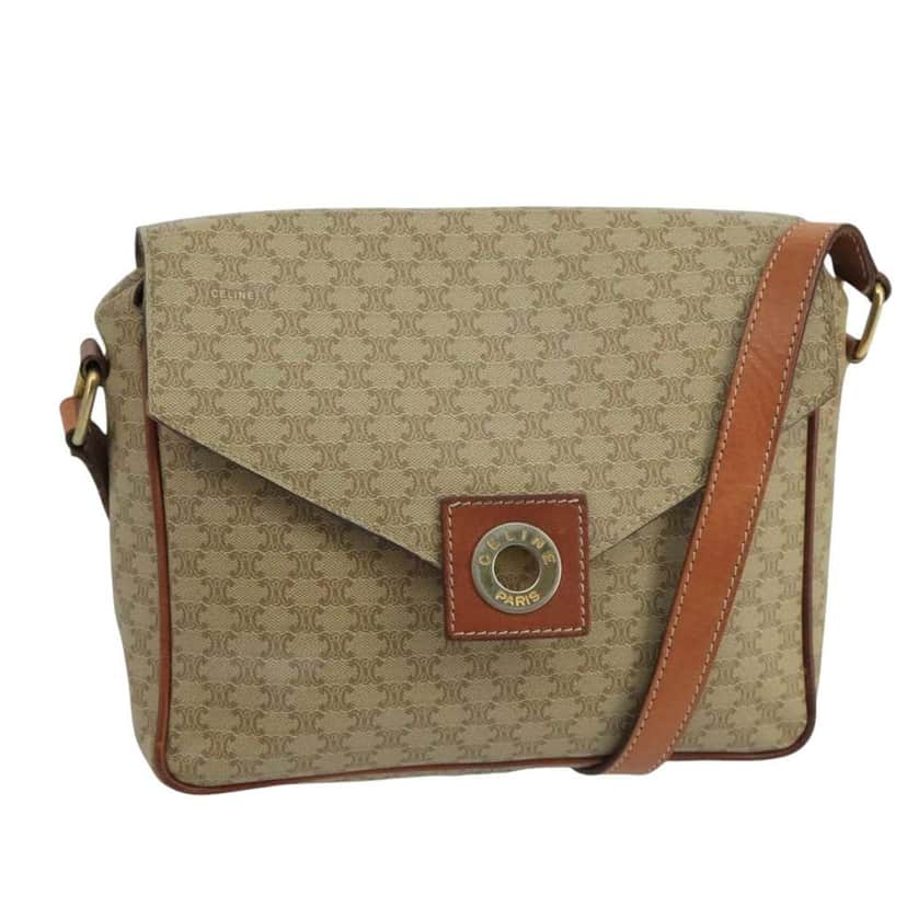 Celine Vintage Macadam Circle Logo Shoulder Bag Beige Canvas Good condition - Front View