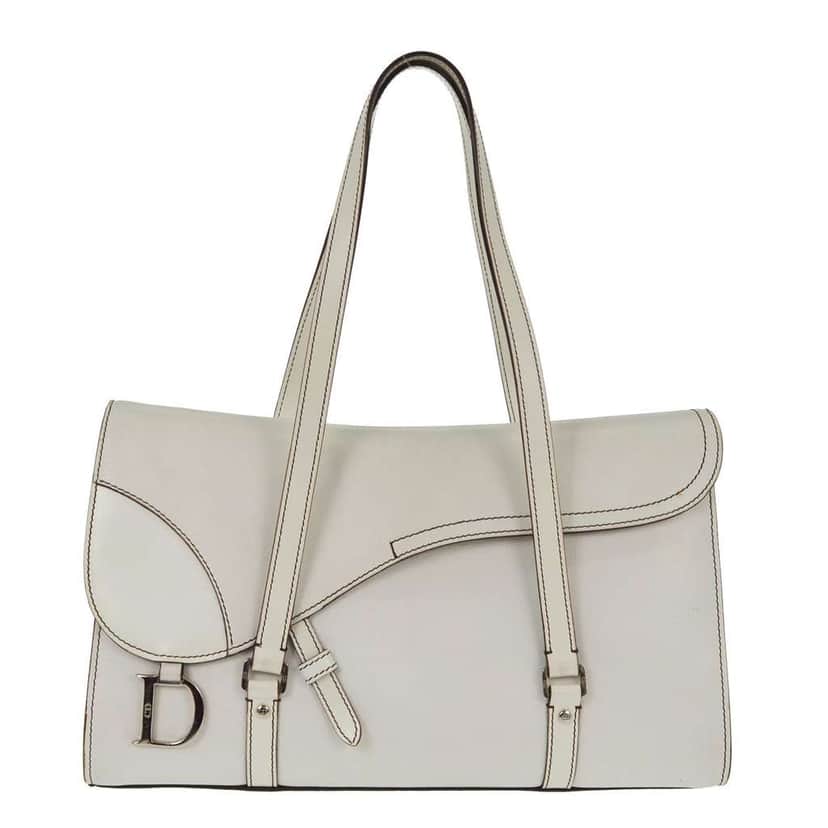 Christian Dior Vintage Saddle Top Handle Bag White Leather Good condition - Front View
