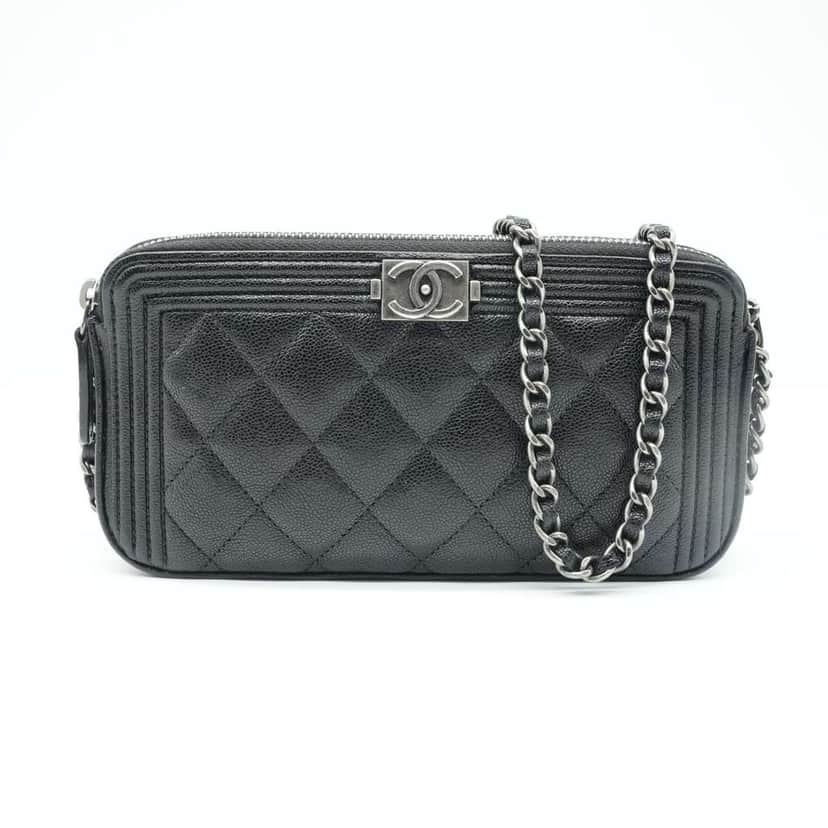 Chanel Boy Double Zip Chain Wallet Black Quilted Caviar Leather Black Good condition - Front View