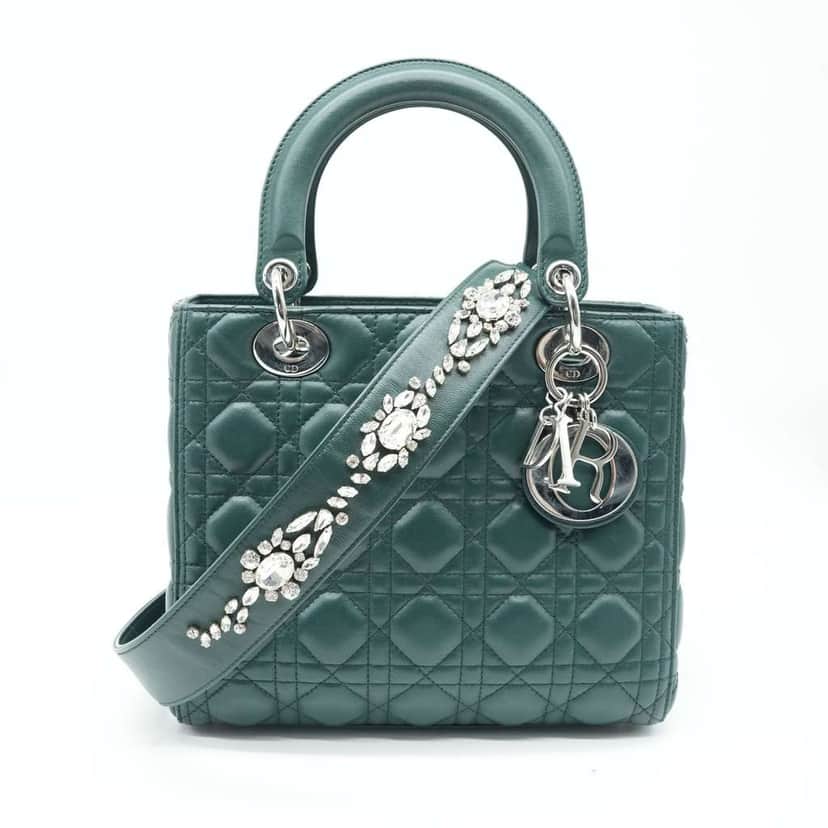 Dior Lady Dior Bag Medium Cannage Lambskin Leather Green Green Good condition - Front View