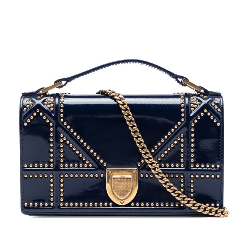 Dior Patent Studded Diorama Top Handle Wallet on Chain