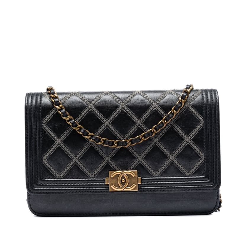 Chanel Quilted Lambskin Double Stitch Boy Wallet On Chain