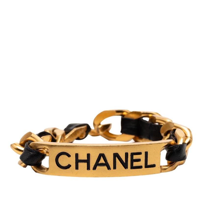 Chanel Gold Plated Leather Woven Chain Logo Plate Cuff Bracelet