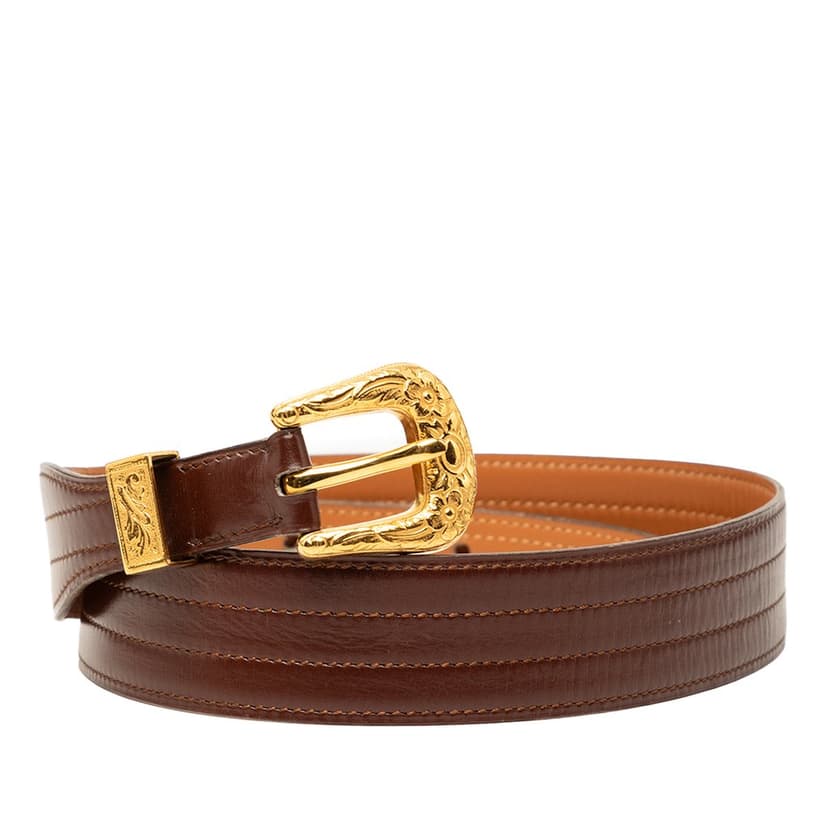 Hermès Leather Floral Tooled Buckle Belt