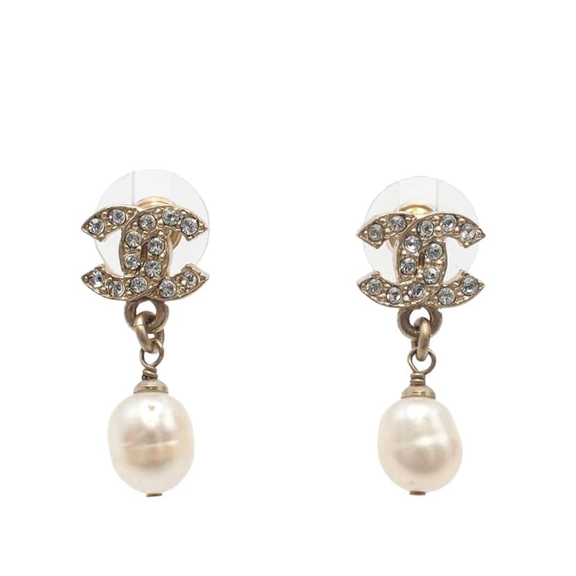 Chanel CC Gold Plated Crystal and Faux Pearl Push Back Earrings