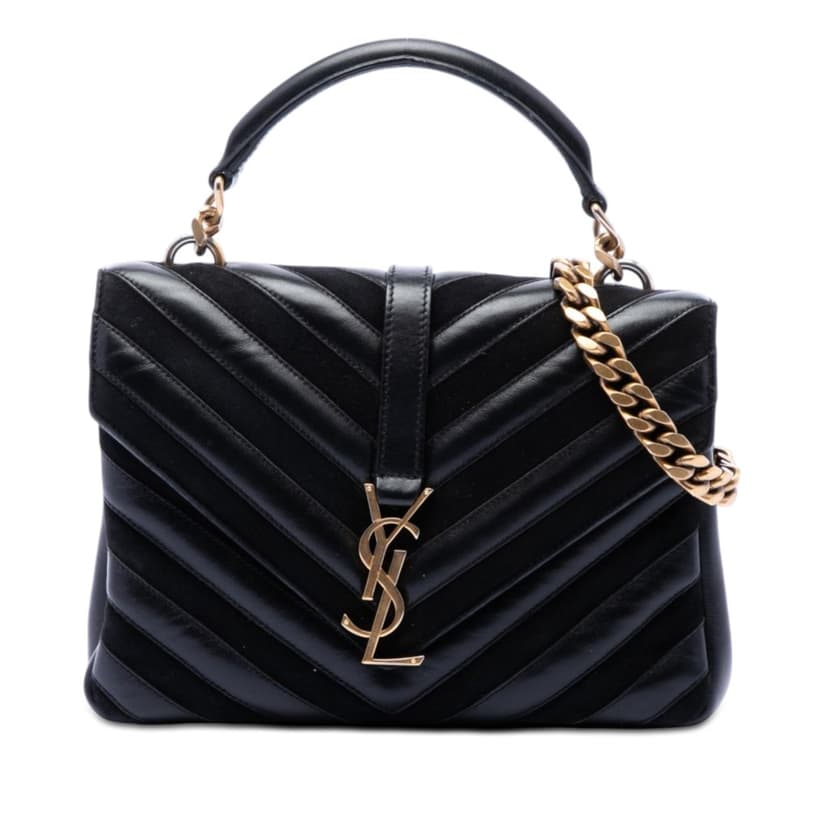 Saint Laurent Medium Calfskin and Suede Chevron Monogram College Satchel