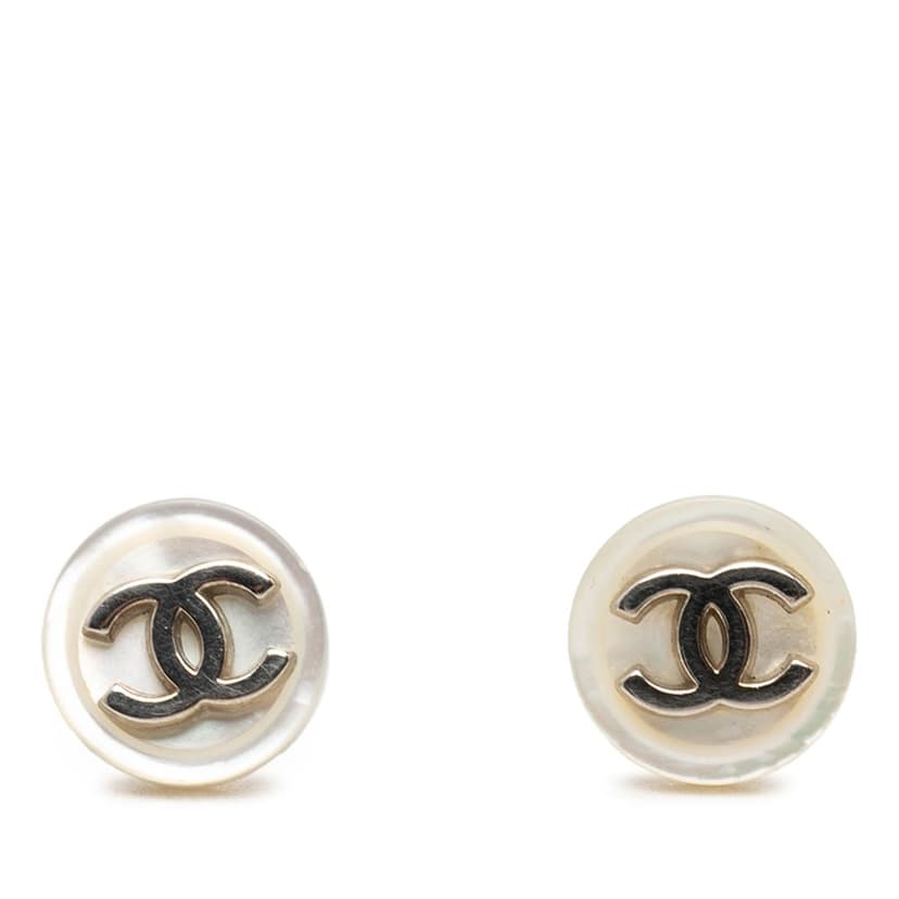 Chanel CC Brass Faux Pearl Round Push Back Earrings