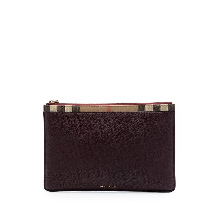 Burberry House Check Canvas Trimmed Grained Calfskin Zip Pouch