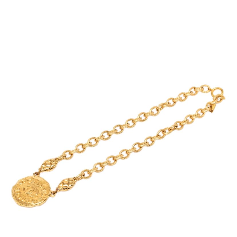 Chanel CC Gold Plated Round Pendant Necklace