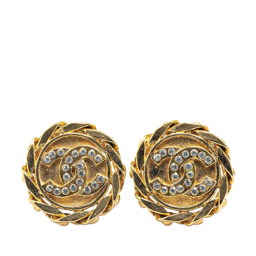 Chanel Gold Plated CC Rhinestones Clip on Earrings