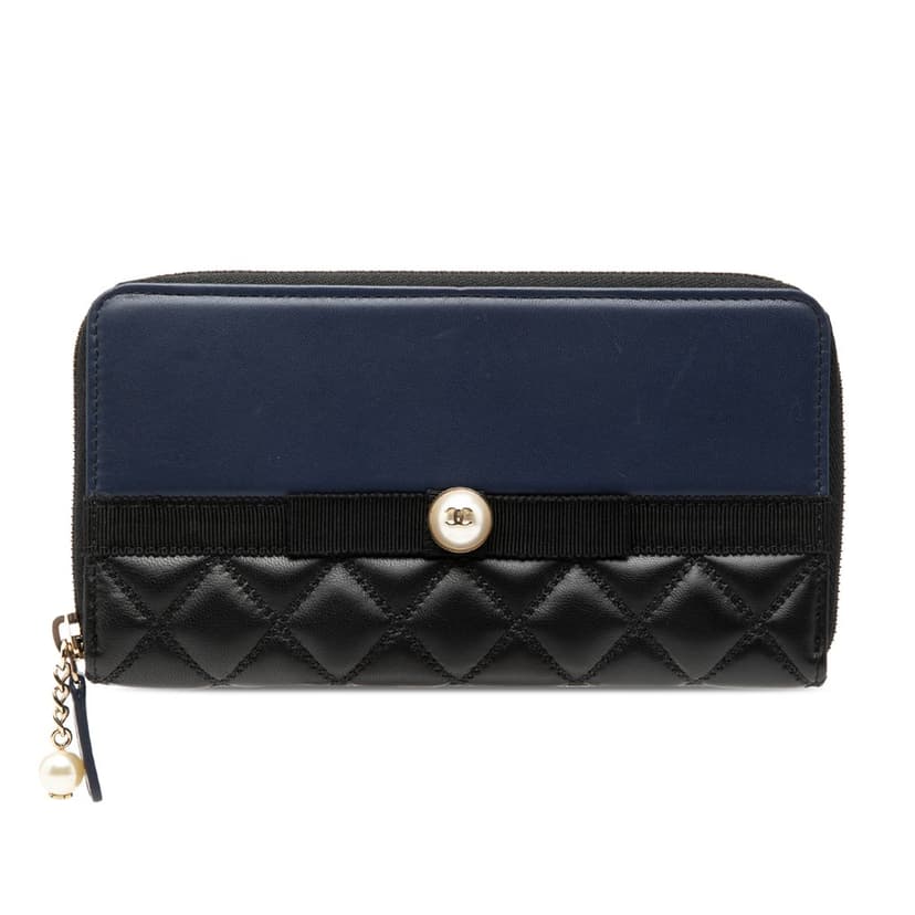 Chanel Bicolor Quilted Lambskin Faux Pearl Ribbon Long Wallet