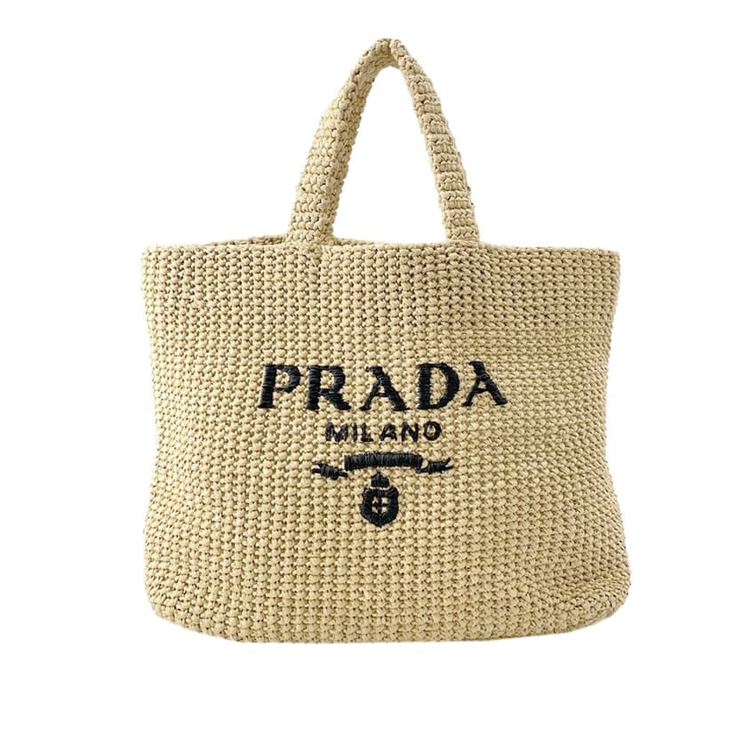 Prada حقيبة كبيرة من قماش الرافيا بنقشة كروشيه وشعار مطرز