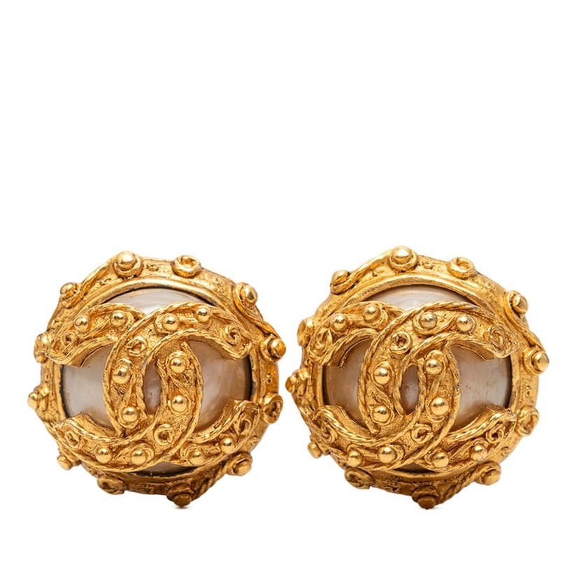 Chanel CC Gold Plated Faux Pearl Clip On Earrings