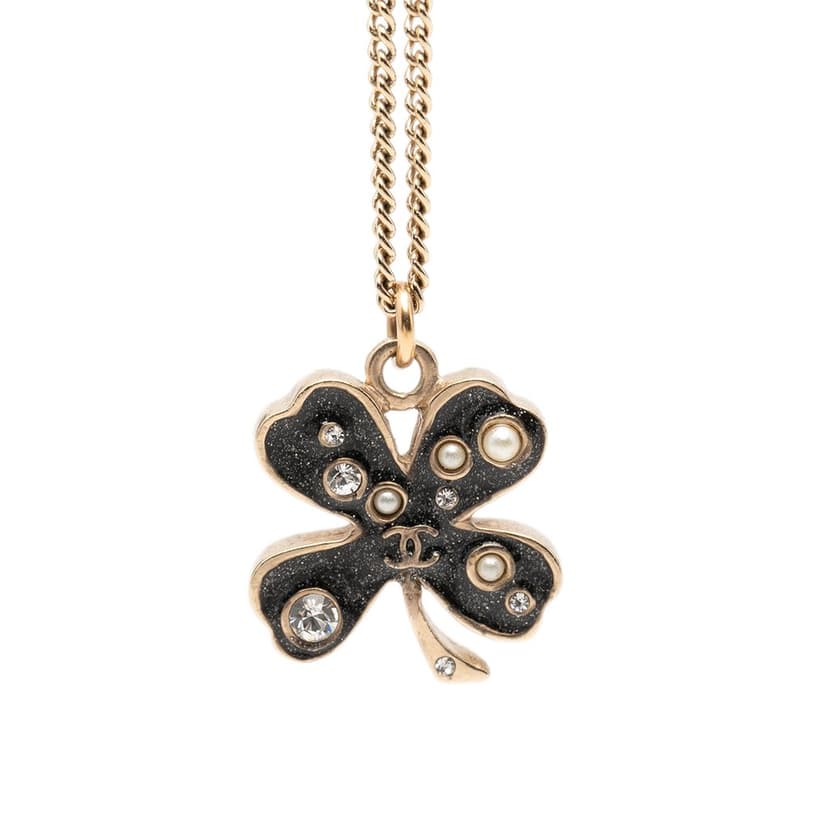 Chanel CC Gold Plated and Enamel Strass Faux Pearl Clover Pendant Necklace