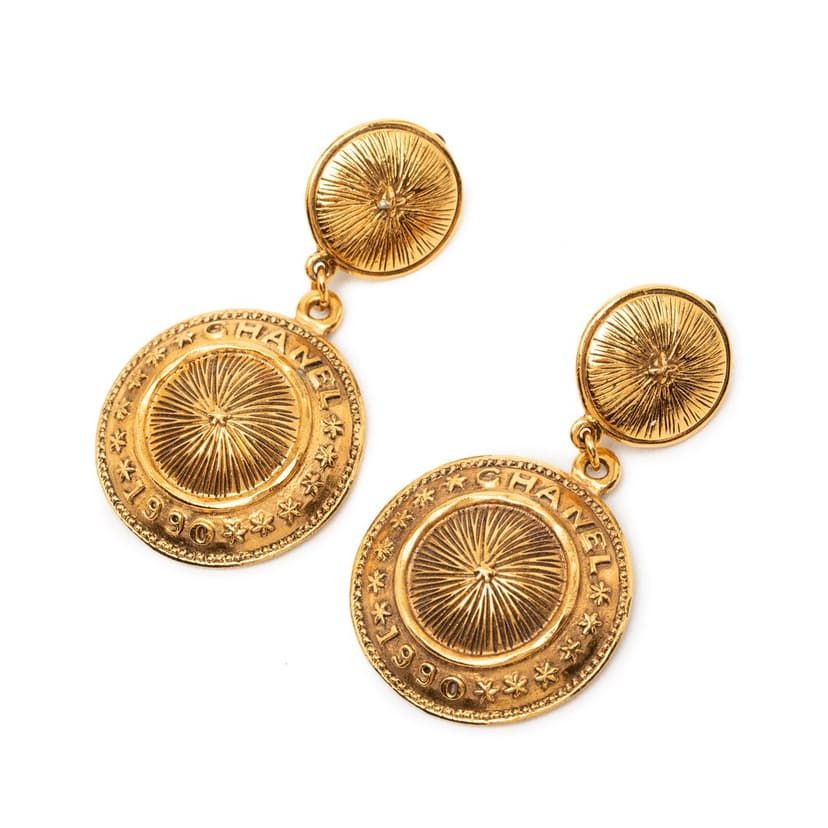 Chanel CC Gold Plated Round Dangle Clip On Earrings