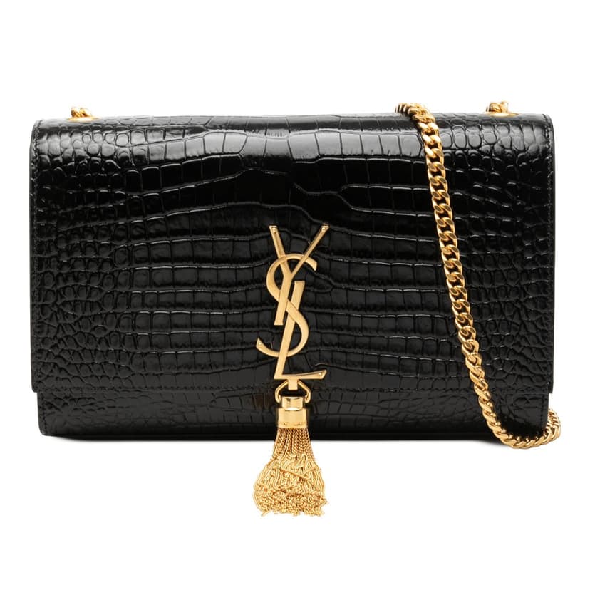 Saint Laurent حقيبة كروس متوسطة الحجم من جلد التمساح اللامع بنقشة المونوغرام، مزينة بشرابة