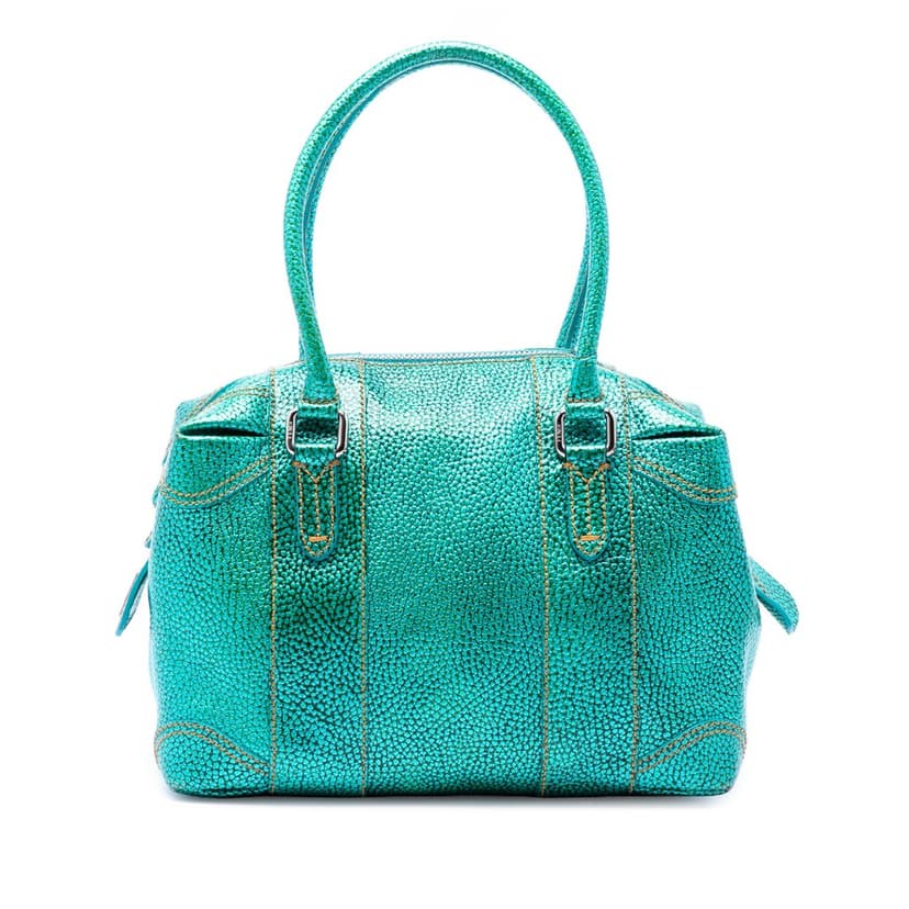 Fendi Metallic Pebbled Leather Mixed Media Boston Bag