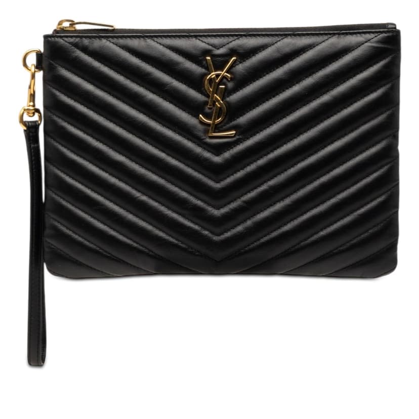 Saint Laurent Chevron Leather Monogram Zip A5 Wristlet Pouch