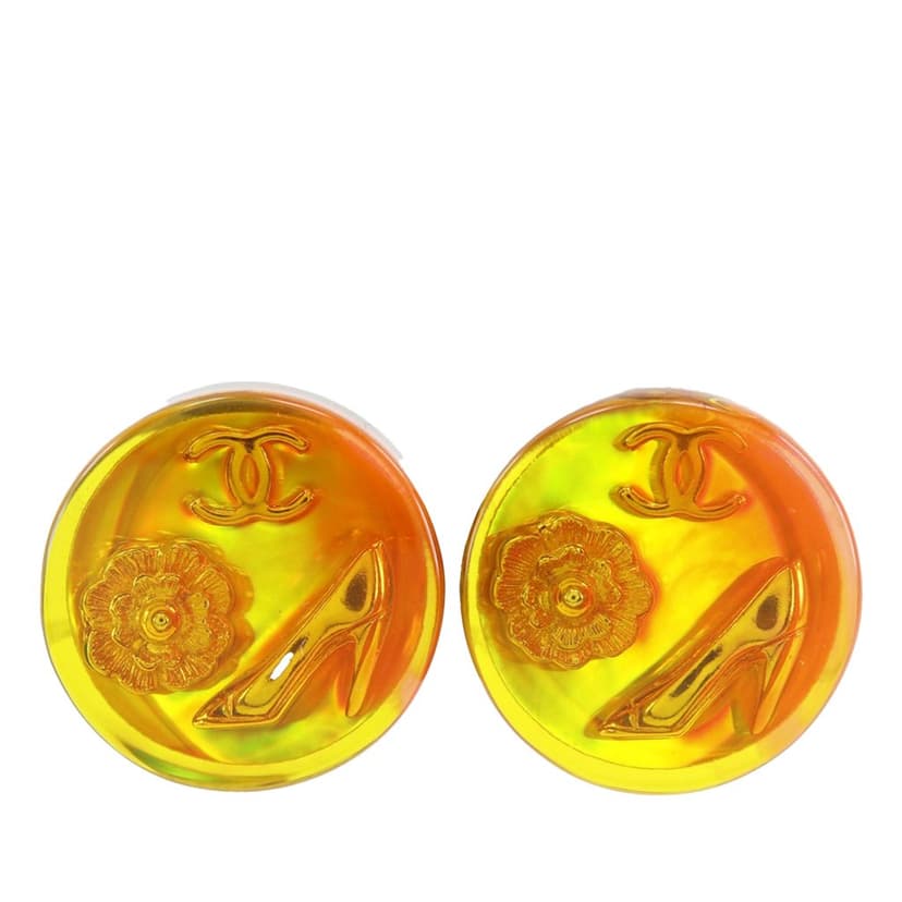 Chanel CC Resin Embedded Camellia Shoe Gold Plated Clip On Earrings