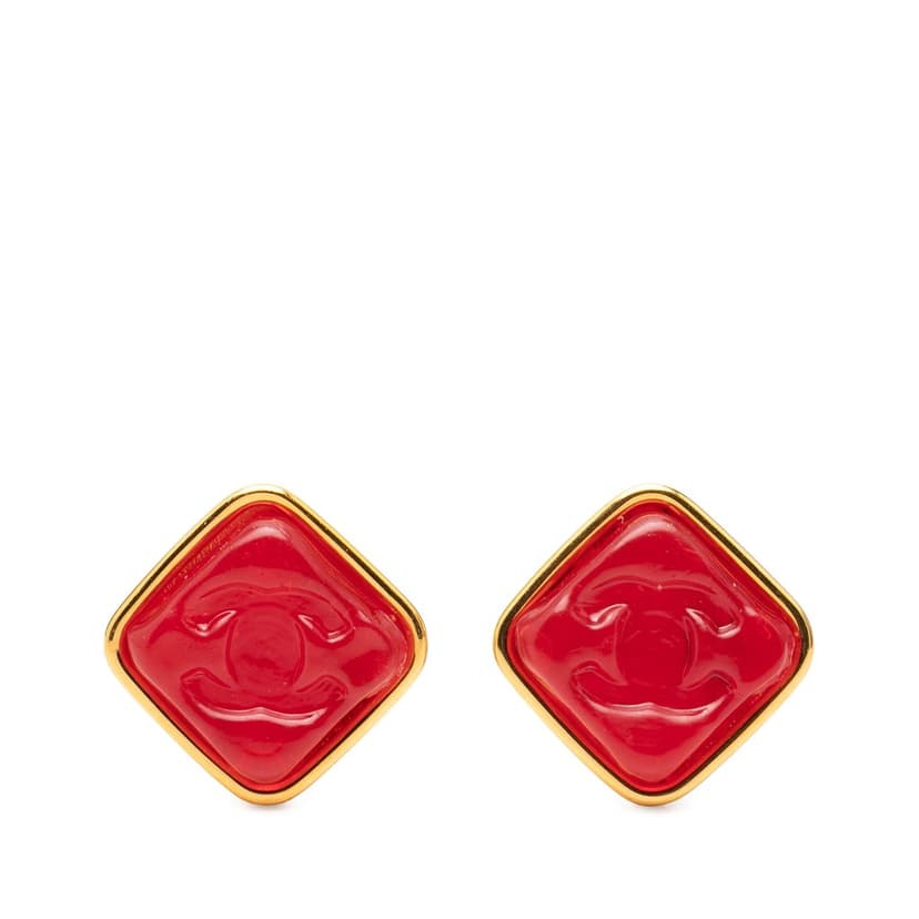 Chanel CC Gold Plated Gripoix Diamond Shape Clip On Earrings
