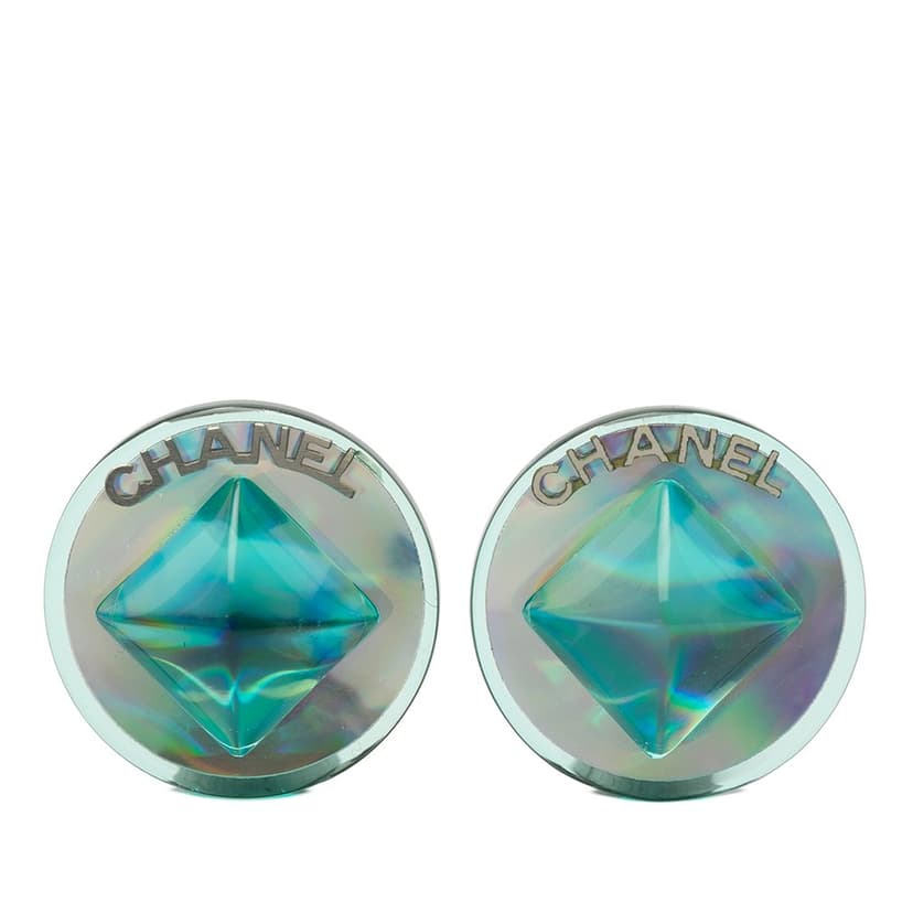 Chanel Brass and Resin Logo Aurora Round Pyramid Clip on Earrings