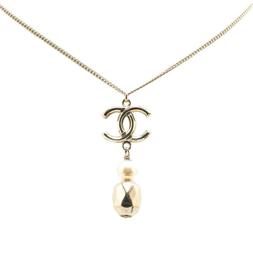 Chanel Gold Plated CC Faux Pearl Pendant Necklace