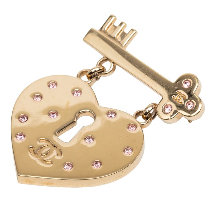 Chanel CC Gold Plated Strass Heart Lock and Key Brooch