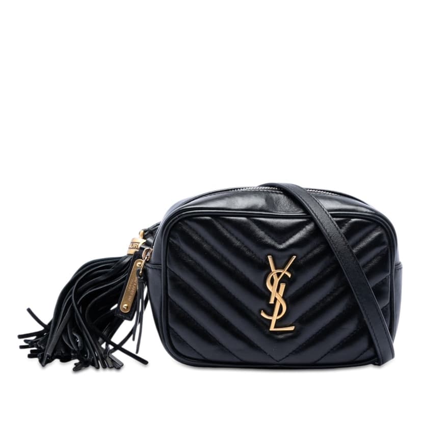 Saint Laurent حقيبة كاميرا صغيرة من جلد العجل المبطن بنقشة المونوغرام مع شرابة