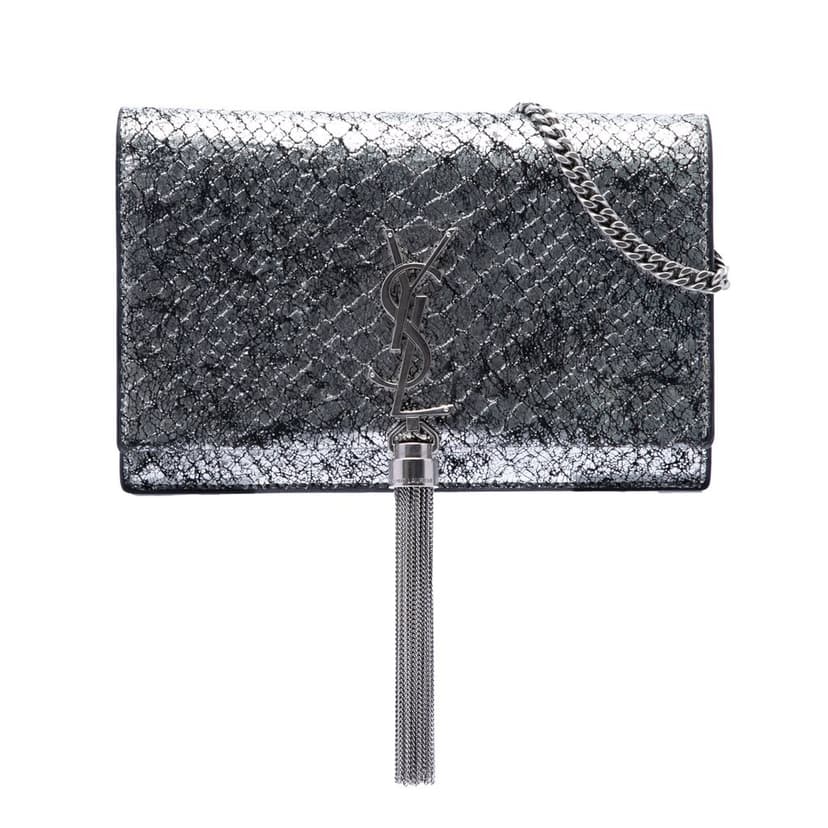 Saint Laurent Python Embossed Metallic Leather Classic Monogram Kate Tassel Wallet on Chain