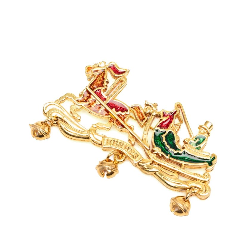 Hermès Gold Plated and Enamel Christmas Carriage Brooch