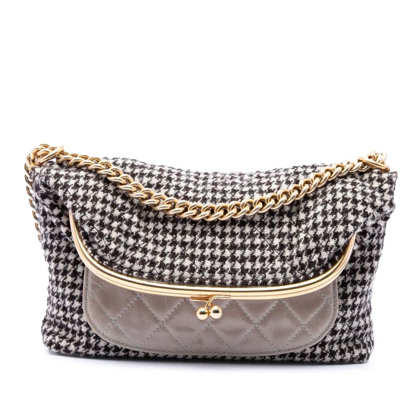 Chanel Medium Quilted Houndstooth Tweed and Calfskin Tabatiere Kisslock Fold Over Crossbody